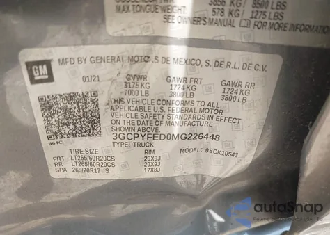 2021 Chevrolet Silverado 1500 4Wd Short Bed Lt Trail Boss из США, поврежденный, VIN 3GCPYFED0MG226448